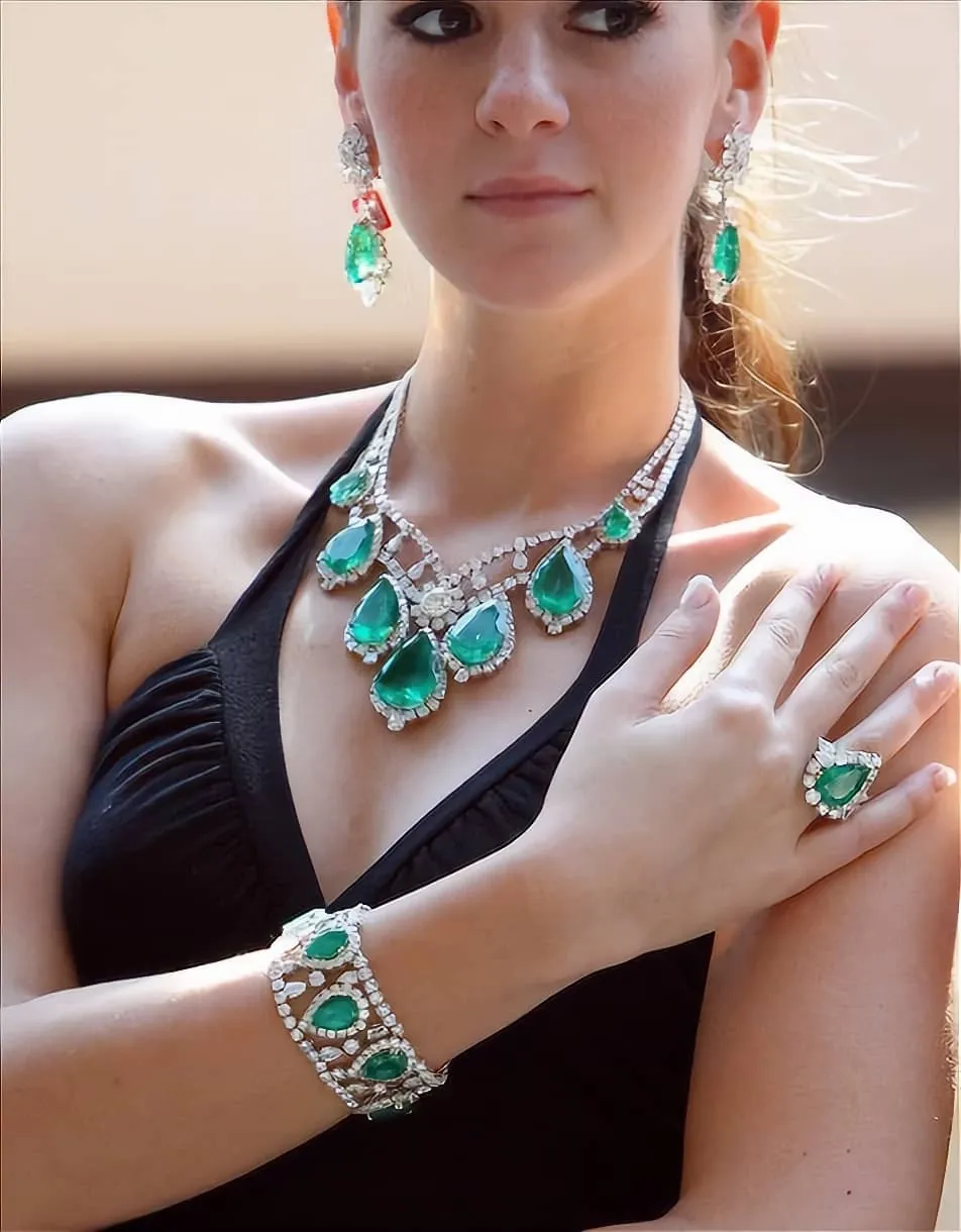 Surreal Emerald & Diamond Necklace with Earrings, Bracelet, Ring