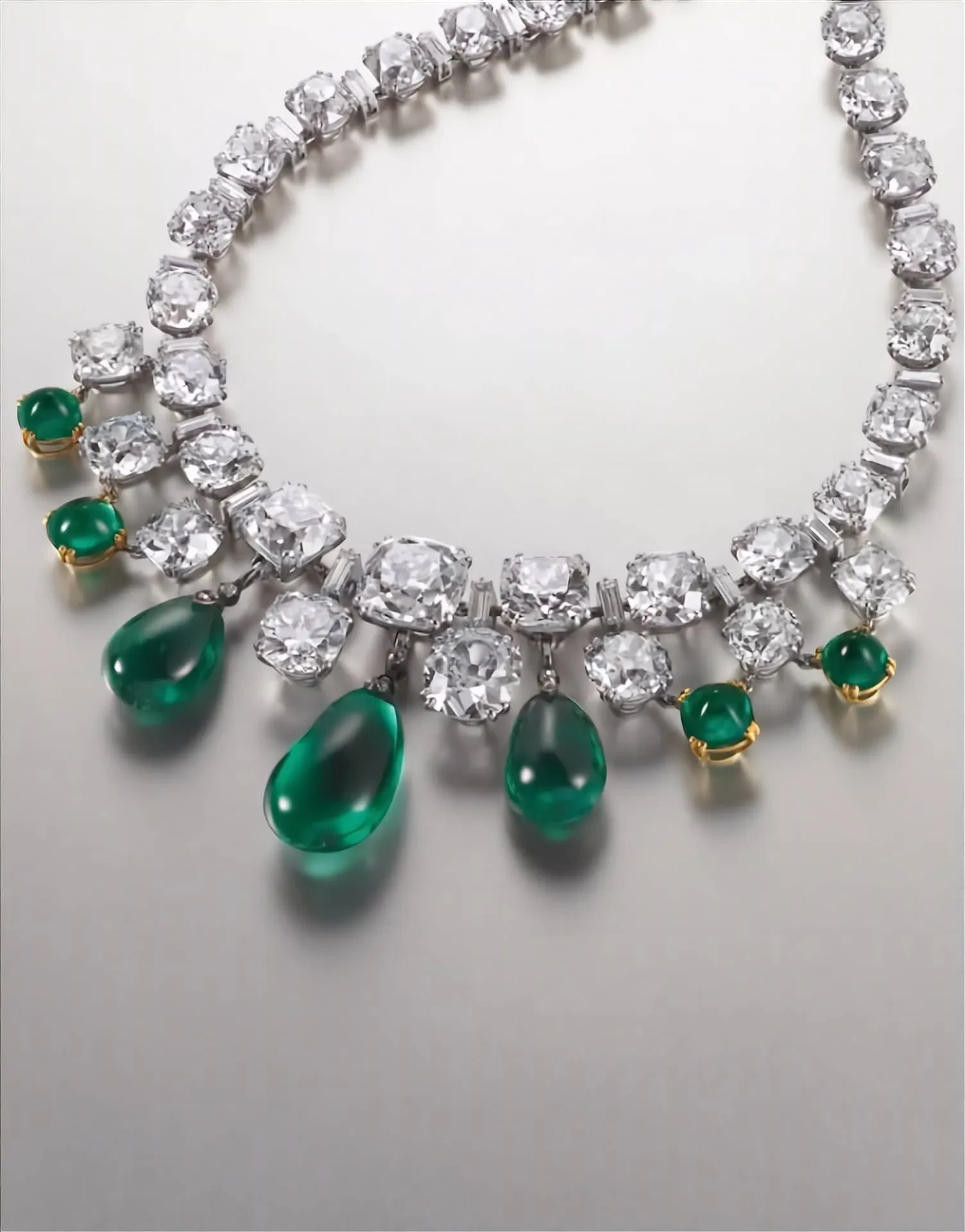 Colombian Emerald Cabochon Drops and Cushion Cut Golconda Diamonds Necklace