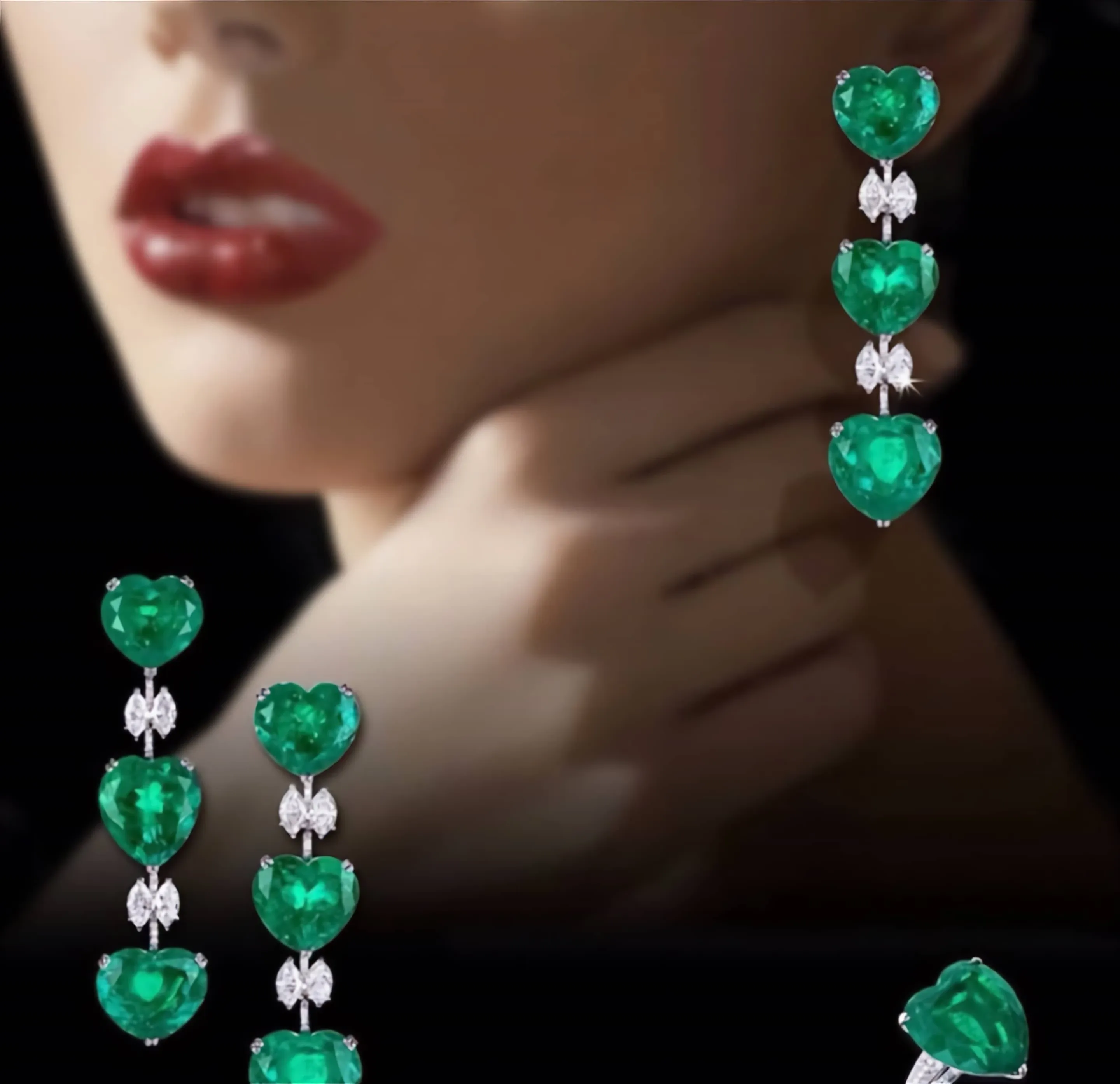 Heart Shaped Emerald & Diamond Earrings and Ring